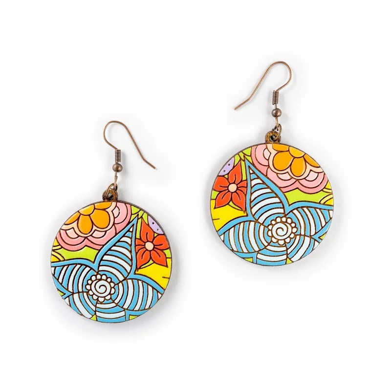 Ručne maľované drevené náušnice Hippie Spiral