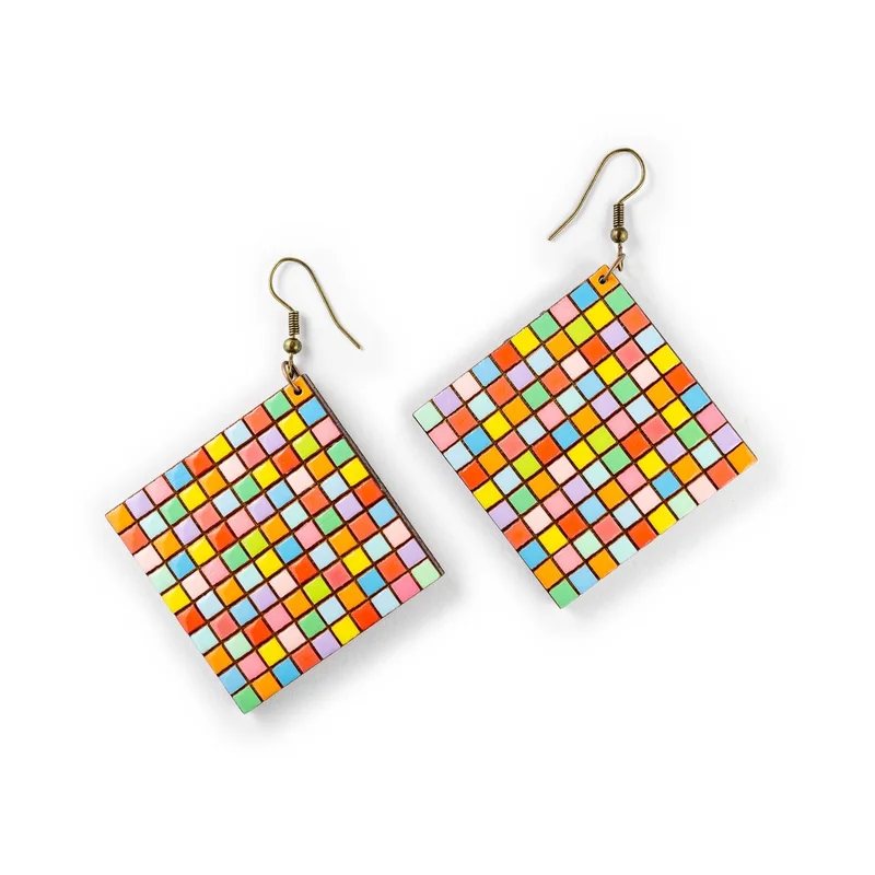 Wooden Drop Geometric Earrings - Rubik's Cube (diamond shape), Multicolored 6