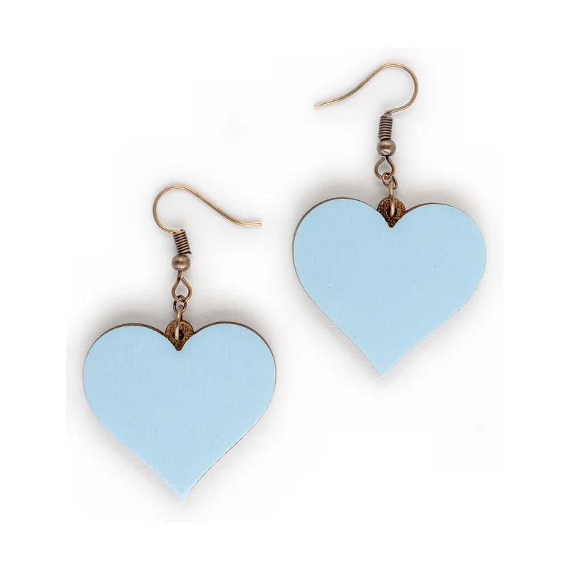 Wooden handmade heart-shaped earrings - Pure Heart (light blue, large)