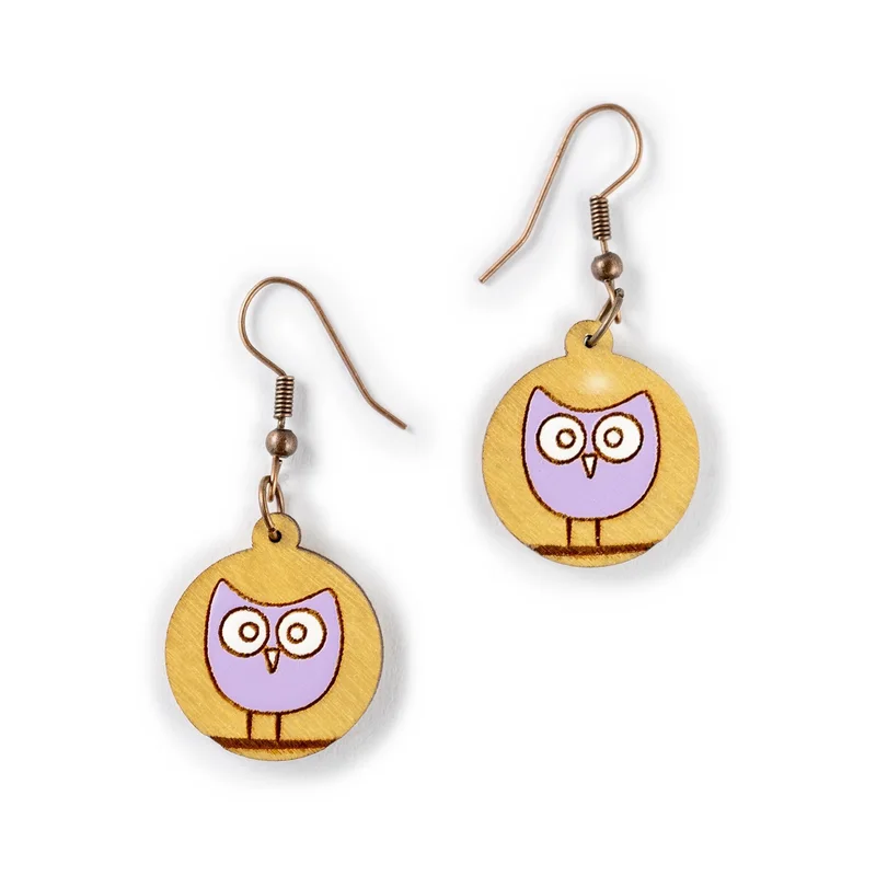 Ručne maľované drevené náušnice Curious Owl